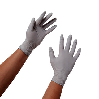 STERLING® 747112_CS,Nitrile Exam Glove, Medium, Standard Cuff, Gray, Chemo Tested being worn on a white background