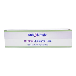 Box of Safe N Simple™ 773689_CS Skin Barrier Wipe No-Sting 60% / 20% Strength Purified Water film on a white background