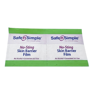 Two packages of Safe N Simple™ 869585_CS Skin Barrier Wipe Individual Packet Purified Water / Polyvinylpyrrolidone on a white background