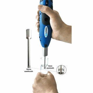 Hand holding a blue rotary tool with interchangeable bits on a white background