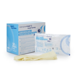 Sempermed® Supreme 554115_CS, Surgical Glove, Size 8, Latex, Standard Cuff, Textured, Ivory packaging with box and gloves on a white background