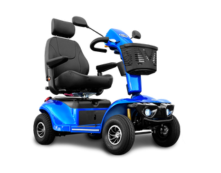 Blue mobility scooter with black seat and basket on a white background