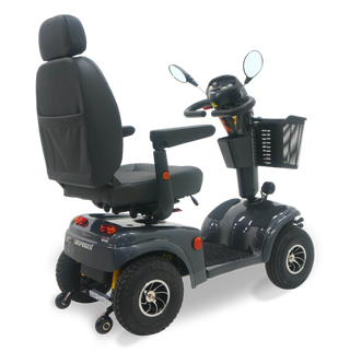 Black mobility scooter with large seat on a white background