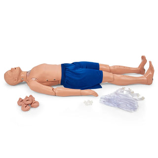 Mannequin for CPR training with accessories on a white background