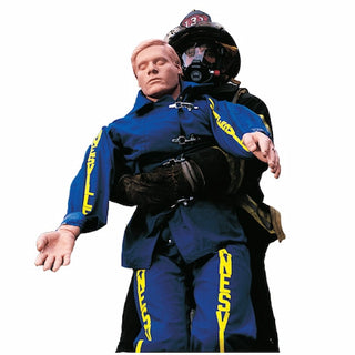 Person wearing a blue and yellow fire suit with a helmet on a white background
