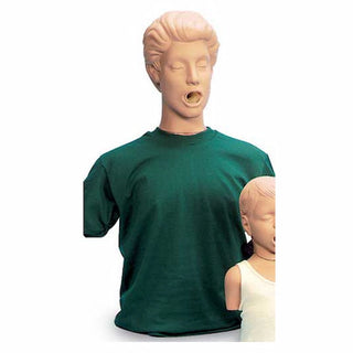 Mannequin wearing a green shirt with a child mannequin inside on a white background
