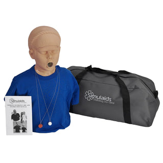 CPR mannequin with blue shirt and black bag labeled 'Simulaids' on a white background
