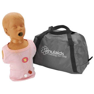 CPR training mannequin with a gray bag labeled 'Simulaids' on a white background