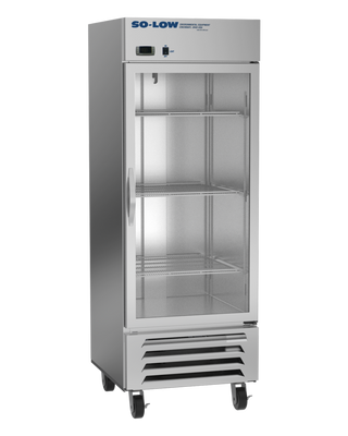 So-Low DH4-27GD-SS Lab and Pharmacy Refrigerator, 2ºC to 8ºC, 27 cu.ft. with glass door on a white background, featuring the brand 'So-Low'.
