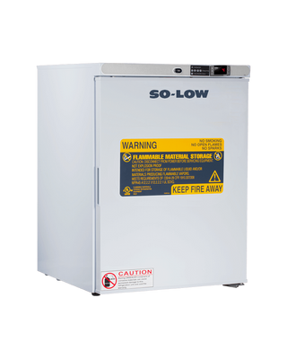 White So-Low MV23-4UCFMSF Flammable Undercounter Storage Freezer, -15ºC to -25ºC, 4 Cu. Ft. with warning labels on a white background