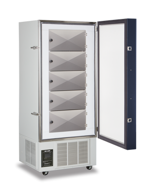 So-Low U40-13 Upright Ultra Low Freezer, 0°C to -40ºC, 13 cu.ft. with open door on a white background
