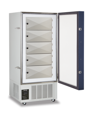 So-Low U40-18 Upright Ultra Low Freezer, 0°C to -40ºC, 18 cu.ft. with open door on a white background