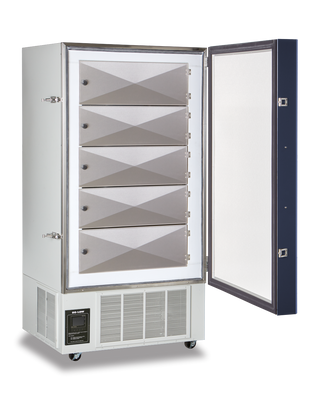 So-Low U40-22 Upright Ultra Low Freezer, 0°C to -40ºC, 22 cu.ft. with open door on a white background