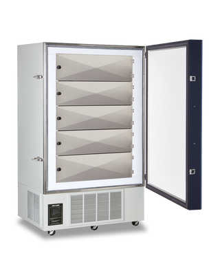 So-Low U40-28 Upright Ultra Low Freezer, 0°C to -40ºC, 28 cu.ft. with open door on a white background