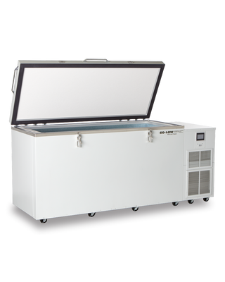 Large white So-Low VSC40-22 Chest Ultra Low Freezer, 0°C to -40ºC, 22 cu.ft. with open door on a white background