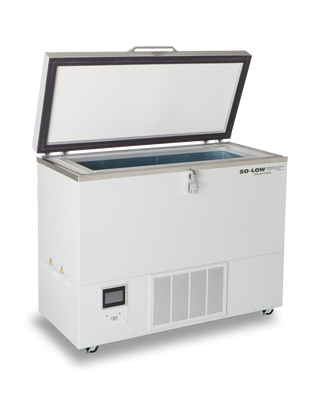 White So-Low VSC40-9 Chest Ultra Low Freezer, 0°C to -40ºC, 9 cu.ft. with open lid on a white background