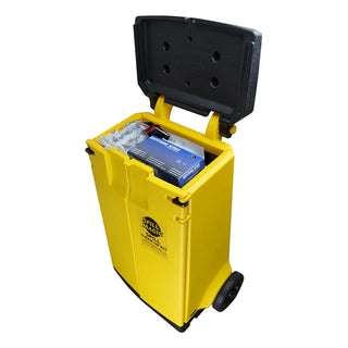 Yellow medical supply cart with black lid on a white background