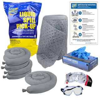 Spill cleanup kit with spill absorbent pads, gloves, goggles, and instructions on a white background