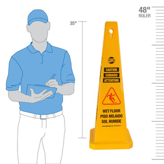 Yellow safety cone with warning labels next to a person holding a clipboard, with measurements on a white background.