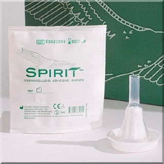 Spirit™ 999561_CS Model 2 Male External Catheter with adhesive packaging, including a white applicator on a green background.