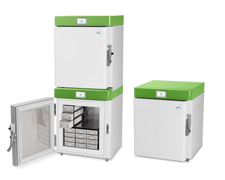 Stirling Ultracold SU105UE Compact Ultra-Low Temperature Freezer with green lids on a white background