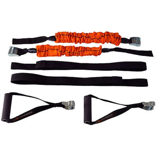 The Stroops Body Weight Gym is a compact suspension training system featuring two textured grip handles with specialized loops and two long cloth straps for attaching to an overhead anchor point. The system is available with or without Slastix resistance bands.