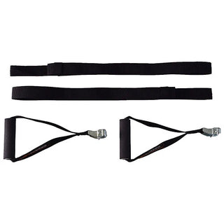 The Stroops Body Weight Gym is a compact suspension training system featuring two textured grip handles with specialized loops and two long cloth straps for attaching to an overhead anchor point. The system is available with or without Slastix resistance bands.