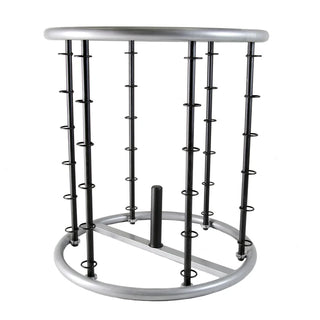 The Stroops CONNECTUS is a black and gray circular steel fitness training system with a round barre at the top and six vertical anchor spines arranged around the base. Each spine provides multiple connection points for resistance bands, allowing up to six people to perform full-body training around the system.