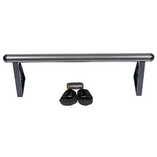 The Stroops DORBARRE is a compact portable aluminum barre secured to a standard doorframe with synthetic brackets and adjustable straps. The barre has supports at four ends and can be positioned at different heights for home ballet, barre, yoga, and Pilates exercises.