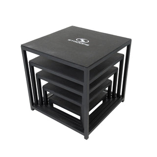 Stroops Deluxe Plyoboxes are fully welded steel training boxes with wide stable footprints, powder-coated finishes, and nonslip rubber athletic training surfaces, available in five heights for plyometric training.