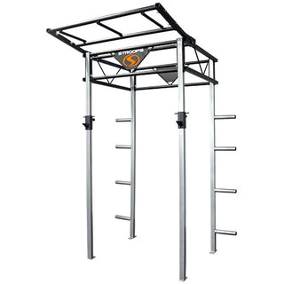 The Stroops FSPR Performance Rack is a sleek, low-profile black fitness station with a sturdy rack structure, adjustable J-hooks for Olympic barbells, four resistance band anchor points, and upper storage space for workout equipment. The station is designed for resistance and power training and can accommodate up to two users.