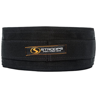 The Stroops PPBELT Power Pull Belt is a black heavy-duty waist belt with an adjustable strap, internal buckle, padded interior, and rear connection straps ending in a metal clip for attaching resistance bands or cable equipment. The belt is designed for rotational movement and full-body resistance exercises.
