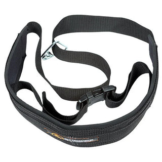 The Stroops PPBELT Power Pull Belt is a black heavy-duty waist belt with an adjustable strap, internal buckle, padded interior, and rear connection straps ending in a metal clip for attaching resistance bands or cable equipment. The belt is designed for rotational movement and full-body resistance exercises.