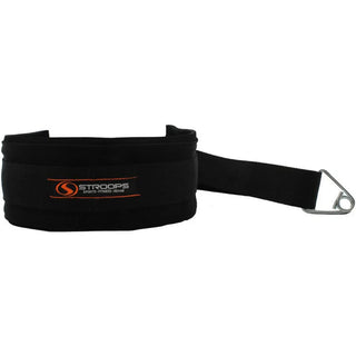 The Stroops PPBELT Power Pull Belt is a black heavy-duty waist belt with an adjustable strap, internal buckle, padded interior, and rear connection straps ending in a metal clip for attaching resistance bands or cable equipment. The belt is designed for rotational movement and full-body resistance exercises.