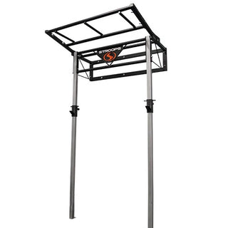 The Stroops PSTATION Performance Station is a sleek wall-mounted black fitness station with a vertical rack, multiple resistance band anchor points, adjustable J-hooks for Olympic barbells, and upper storage space for workout equipment. The compact station is designed for resistance, strength, and performance training for up to two users.