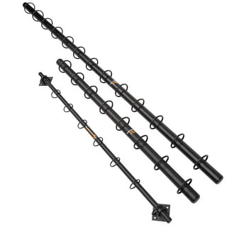 The Stroops Spine is a slim wall-mounted steel resistance band anchor with multiple horizontal anchor rings arranged vertically from high to low. The system is available in three configurations: a 78-inch version with 13 anchor points, a 48-inch version with 8 anchor points, and a slimmer 48-inch Mini with 8 anchor points.