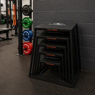 Stroops Standard Plyoboxes are professional-grade plyometric training boxes with solid welded steel frames and durable rubberized landing surfaces, available in multiple heights for explosive and athletic training.