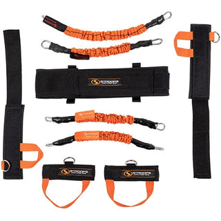 The Stroops Striker is a black resistance training suit with a training belt, limb resistance bands, punch gloves, and foot cuffs designed for full-body explosive movement training.