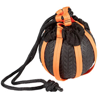 The Stroops TOMSACK Tomahawk Sack is a compact medicine ball holder with adjustable handle length options and a knotted handle end, designed for rotational exercises with a 10-inch medicine ball.