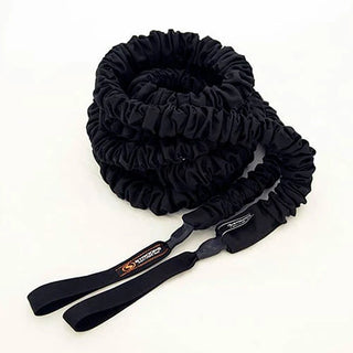 A Stroops The Beast 20-foot sleeved elastic battle rope with handles on both ends, shown as a flexible orange or black rope designed for battle rope exercises and resistance training.