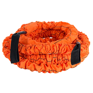A Stroops The Beast 20-foot sleeved elastic battle rope with handles on both ends, shown as a flexible orange or black rope designed for battle rope exercises and resistance training.