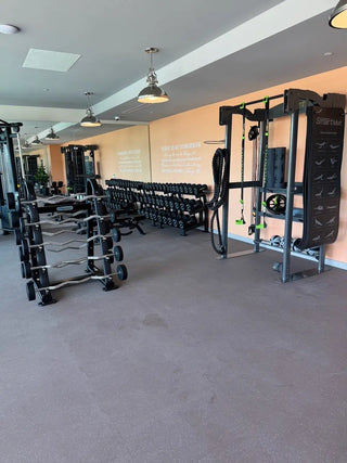Prism Fitness 400-155-179 Studio FTC in a gym room, side view behind barbell racks