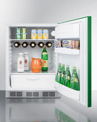 Green Summit 24" Wide All-Refrigerator, 5.8 cu.ft. displaying various items including bottles, cans, and a pitcher.