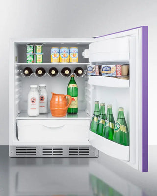 Purple Summit 24" Wide All-Refrigerator, 5.8 cu.ft. with open door displaying various items including bottles and containers.