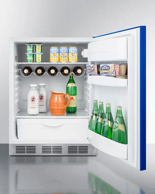 Open Blue Summit 24" Wide All-Refrigerator, ADA Compliant, 5.8 cu.ft. with various items including bottles and a pitcher on a white background
