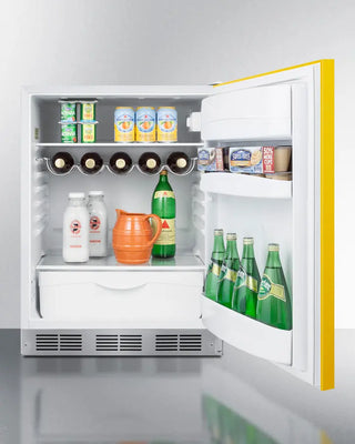 Yellow Summit 24" Wide All-Refrigerator, ADA Compliant, 5.8 cu.ft. with open door displaying various items including bottles and containers.