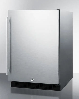 Stainless steel Summit 24" Wide Built-In All-Refrigerator with a freezer door on a white background