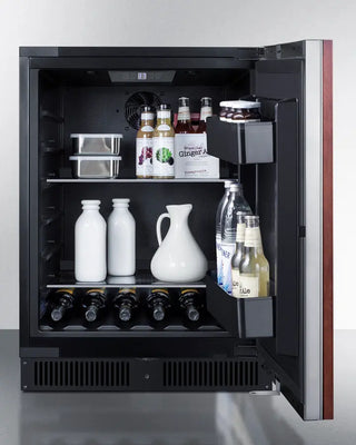 Wooden Summit 24" Wide Built-In All-Refrigerator with various bottles and containers inside on a white background