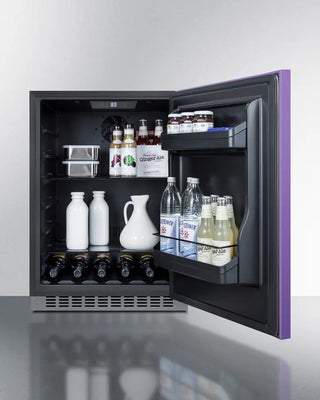Purple Summit 24" Wide Built-In All-Refrigerator with open door displaying various bottles and containers on a white background