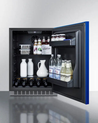 Open Blue Summit 24" Wide Built-In All-Refrigerator with various bottles and containers on a white background
